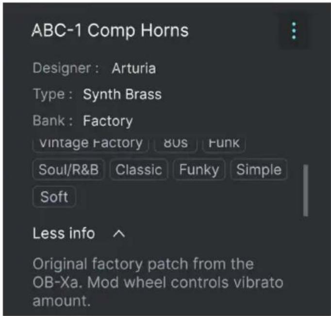 Arturia OBXA V - Partie Preset Info - 1