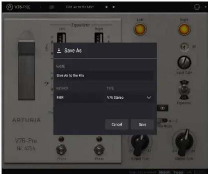 Arturia Pre V76 - L'option Save As... - 1