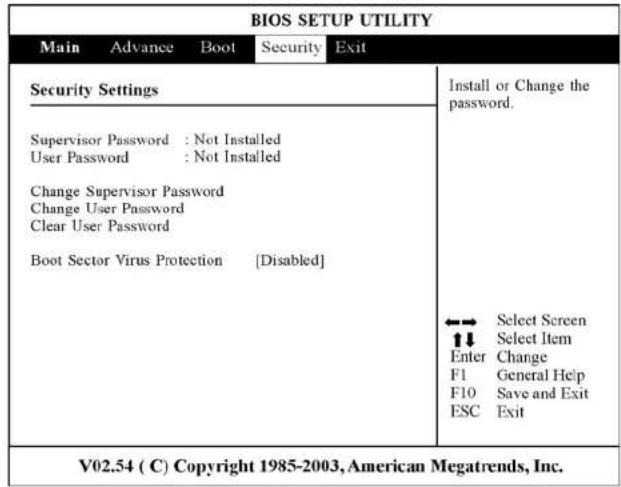 ECS G733E - Le menu sécurité "security - 1