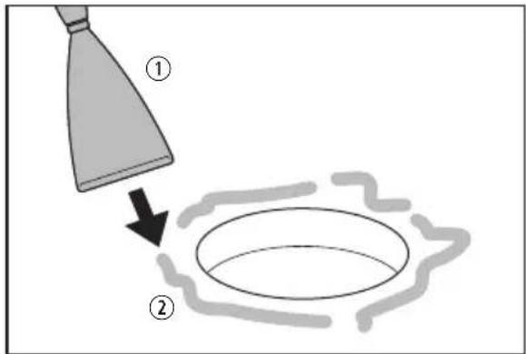 Diagram showing a spray nozzle dispensing liquid onto a circular tank, with labeled parts ① and ②.