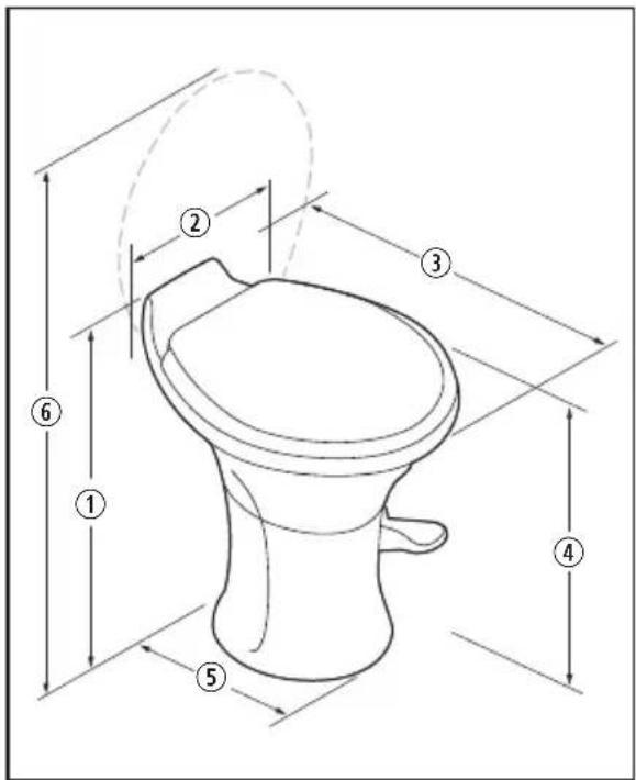Technical diagram of a toilet with numbered parts and dimension lines for measurement reference.
