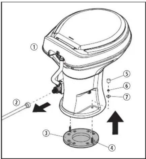 Technical diagram of a mechanical device with numbered components and directional arrows indicating assembly or assembly steps.