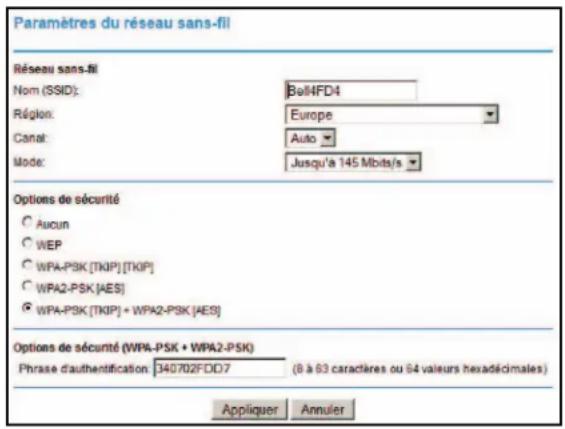 Paramètres du réseau sans-fil Réseau sans-fil Nom (SSID): Bell4FD4 Région: Europe Canat: Auto Mode: Jusqu'à 145 Mbits/s Options de sécurité Aucun WEP WPA-PSK [TKIP] [TKIP] WPA2-PSK [AES] WPA-PSK [TKIP] + WPA2-PSK [AES] Options de sécurité (WPA-PSK + WPA2-PSK) Phrase d'authentication: 340702FDD7 (8 à 63 caractères ou 64 valeurs hexadécimales) Appliquer Annuler