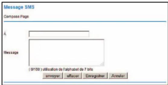Message SMS Compose Page A Message (0/150) utilisation de l'alphabet de 7 bits envoyer effacer Enregistrer Annuler