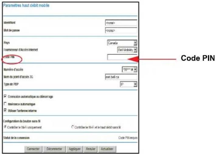 Paramètres haut débit mobile Identifient Mot de passe < Origin> Pays Canada Fournisseur d'Accès Internet Bell Mobility Code PIN Numéro d'accès 99*** sp Nom du point d'accès 3G met bell ca Type de POP IP Connexion automatique au clémarrage référence automatique Utiliser l'antenné interne Configuration du bouton sans fil Contrôler le Wi-Fi uniquement Contrôler le Wi-Fi et le haut débit sans fil Statut de la conversion Code PIN requn Connecter Déconnecter Appliquer Annuler Actuatiser Code PIN