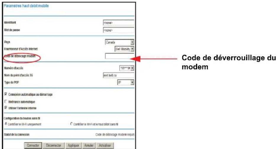 Paramètres haut débit mobile Identifiant Not de passe Pays Canada Fournisseur d'Accès Internet Bell Mobility Code de déblocage modem Numéro d'accès 59***16 Nom du point d'accès 3G jet bell ca Type du POP P Connectir automatique au démarrage Inéfrance automatique Utiliser l'antenne interne Configuration du bouton sans N Contrôner le WiFi uniquement Contrôner le WiFi et le haut débit sans N Statut de la connexion Code de déblocage modem requis Connector Diconnector Appliquer Amuler Actuaiser Code de déverrouillage du modem