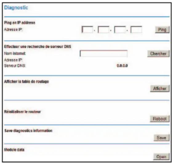 Diagnostic Ping an IP address Adresse IP: Peng Effectuer une recherche de serveur DNS Nom Internet Chercher Adresse IP: Serveur DNS: 0.0.0.0 Afficher la table de routage Afficher Réinitialiser le routeur Reboot Save diagnostics information Save Module data Open