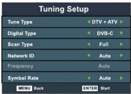 Tuning Setup Tune Type DTV + ATV Digital Type DVB-C Scan Type Full Network ID Auto Frequency Auto Symbol Rate Auto MENU Back ENTER Start