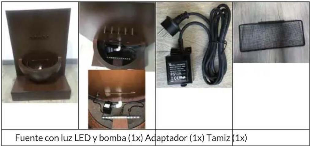 Fuente con luz LED y bomba (1x) Adaptador (1x) Tamiz (1x)