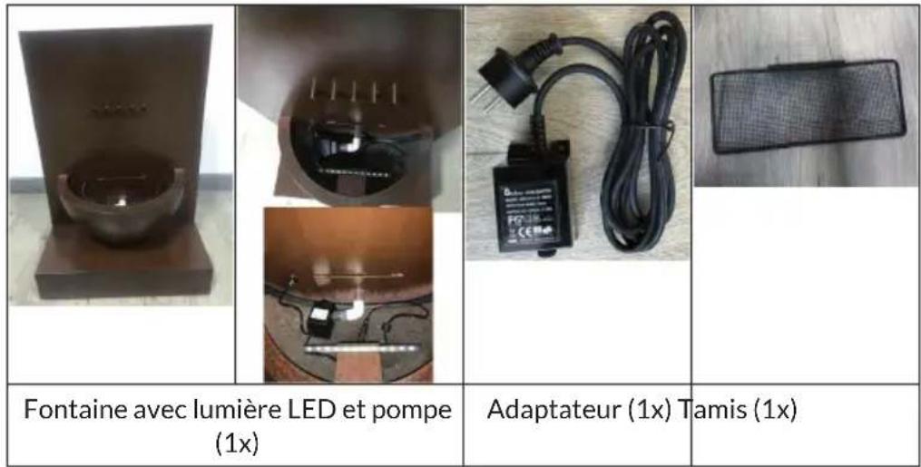 Fontaine avec lumière LED et pompe (1x) Adaptateur (1x) Tamis (1x)