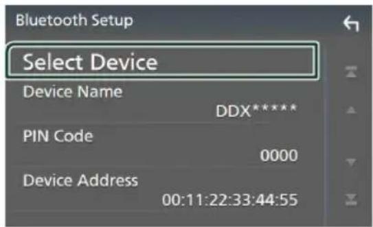 KENWOOD DDX57S - Touchez [Select Device] sur l'écran de CONFIGURATION du Bluetooth. - 1