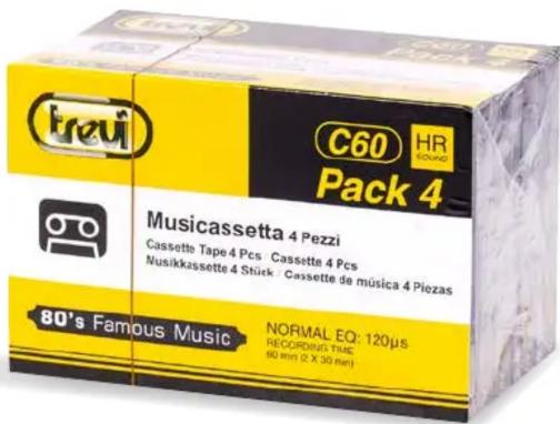 brevi C60 HR ROUND Pack 4 Musicassetta 4 Pezzi Cassette Tape 4 Pcs Cassette 4 Pcs Nusikkassette 4 Stück Cassette de música 4 Piezas 80's Famous Music NORMAL EQ: 120µs RECORDING TIME 80 mm (2 X 30 mm)