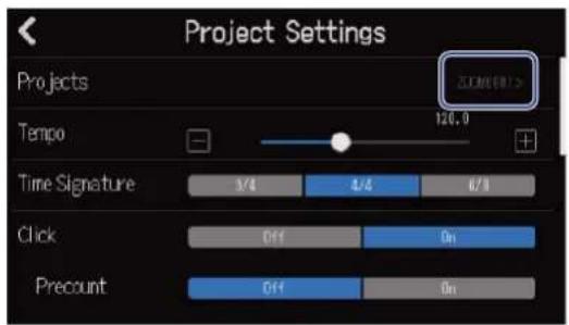 ZOOM R20 - Ouverture de l'écran des réglages du projet (Project Settings). - 3
