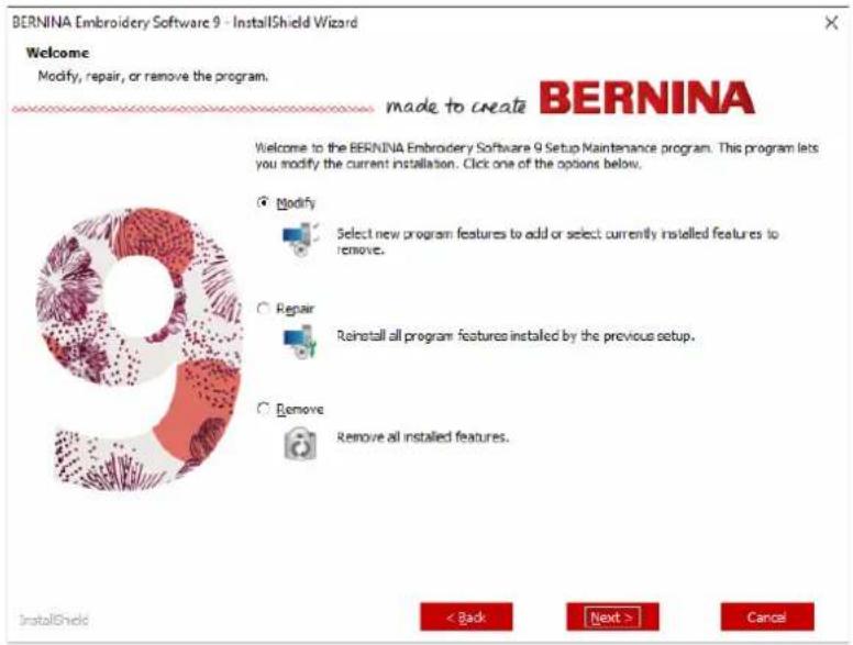 BERNINA Embroidery Software 9 Creator - Pour modifier une installation existante ... - 1