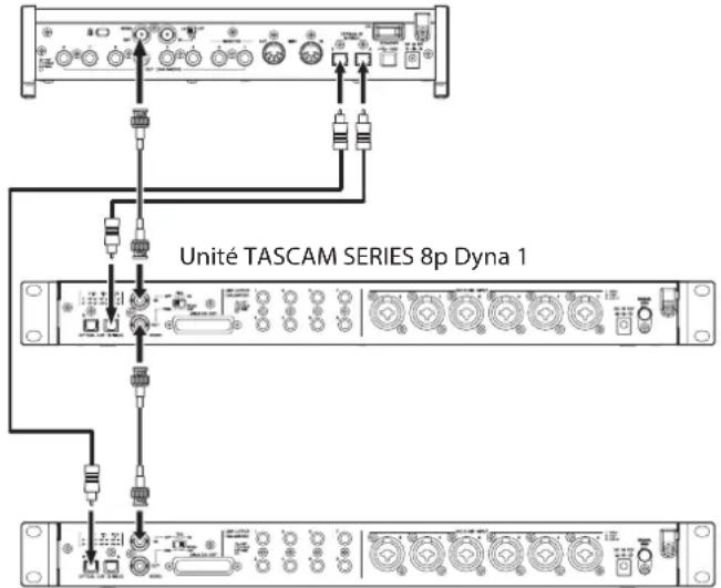 TASCAM SERIES 8p Dyna - Exemple de branchement pour utiliser le signal word clock d'une interface TASCAM SERIES 208i comme maître d'horloge - 1
