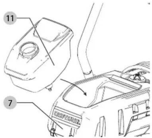 Technical diagram showing labeled parts of a vehicle's fuel tank and intake manifold, with numbered annotations.