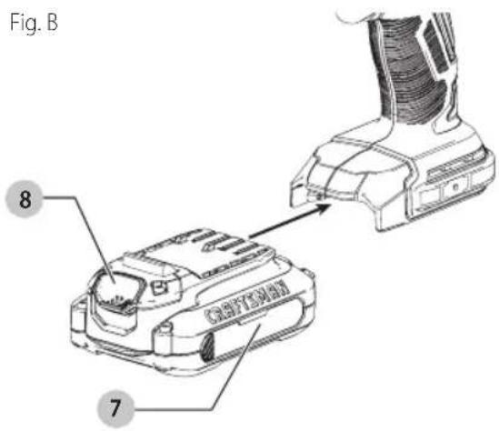 Craftsman CMCD710C2 - Installation et retrait du bloc-piles (Fig. B) - 1