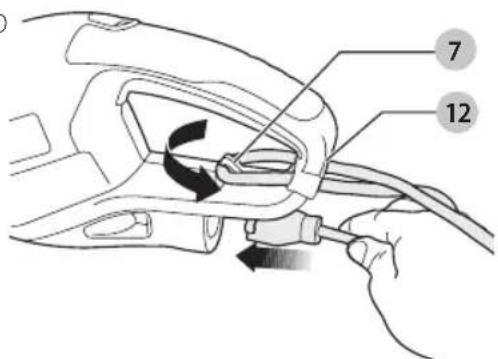 Diagram showing a hand holding a car handle with labeled parts 7 and 12, indicating a mechanical or electrical component.