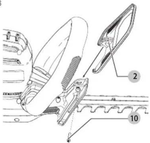 Technical diagram showing mechanical assembly with labeled parts 2 and 10, including a tool and component details.