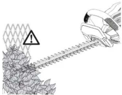 Safety warning sign and diagram showing a chain-link fence with warning symbol and instruction to switch