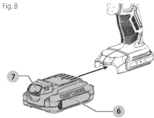 Craftsman CMCD701C2 - Installing and Removing the Battery Pack (Fig. B) - 1