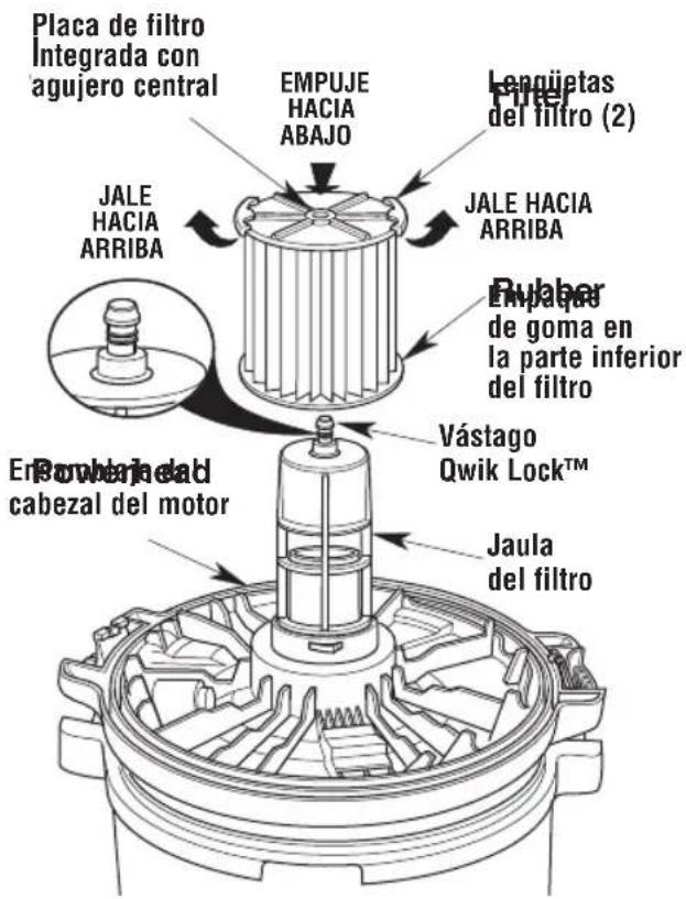 Placa de filtro Integrada con agujero central EMPUJE HACIA ABAJO JALE HACIA ARRIBA Lengüetas del filtro (2) JALE HACIA ARRIBA Rubber de goma en la parte inferior del filtro Vástago Qwik Lock™ Jaula del filtro Embaridad cabezal del motor