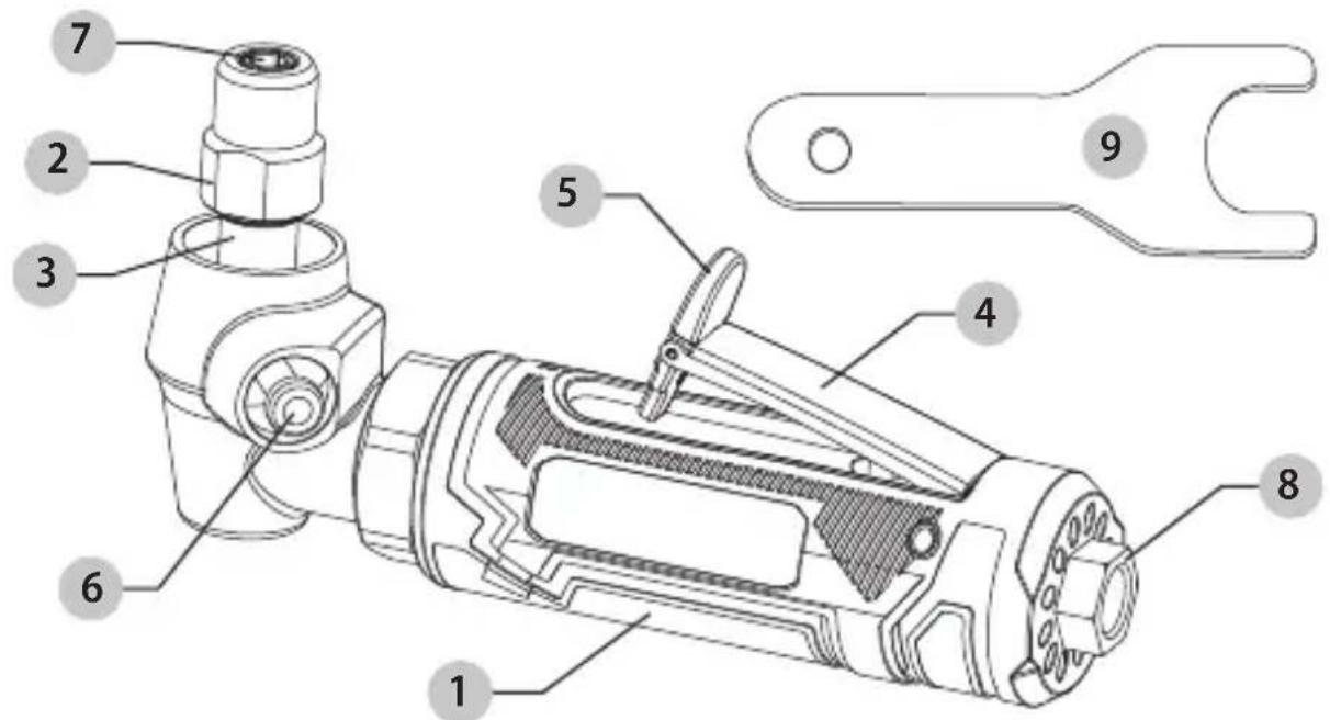 Technical diagram of a mechanical device with numbered parts for identification