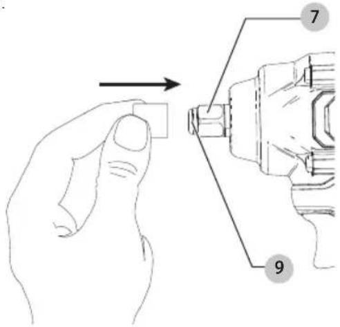 Technical diagram showing a hand holding a small component with an arrow pointing to a mechanical component labeled 7 and 9.