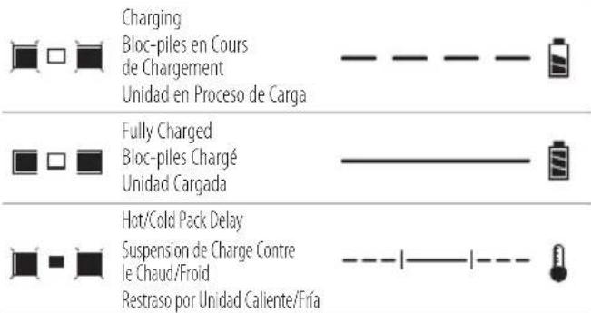 Charging Bloc-piles en Cours de Chargement Unidad en Proceso de Carga Fully Charged Bloc-piles Chargé Unidad Cargada Hot/Cold Pack Delay Suspension de Charge Contre le Chaud/Froid Restraso por Unidad Caliente/Fria