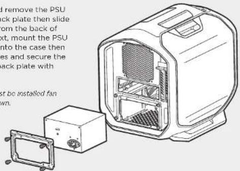 I remove the PSU ck plate then slide om the back of xt, mount the PSU nto the case then ies and secure the ack plate with st be installed fan wn.