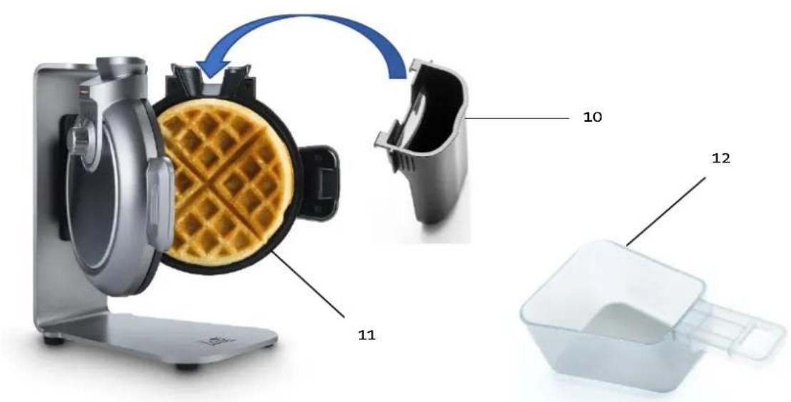 Diagram of a waffle-based food grater with labeled parts and a 3D container illustration