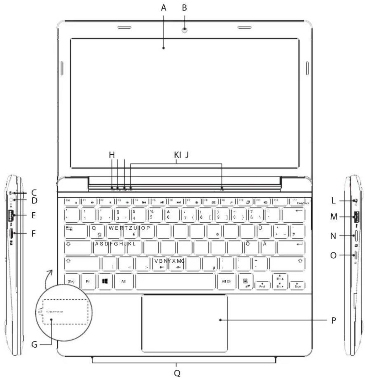 TrekStor Surfbook E11B - Éléments de commande et connexions - 1