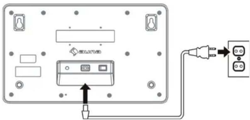 Diagram showing a device rear panel connected to an electrical outlet, with labeled ports and a power plug connection.