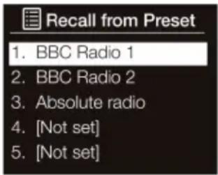 Recall from Preset 1. BBC Radio 1 2. BBC Radio 2 3. Absolute radio 4. [Not set] 5. [Not set]