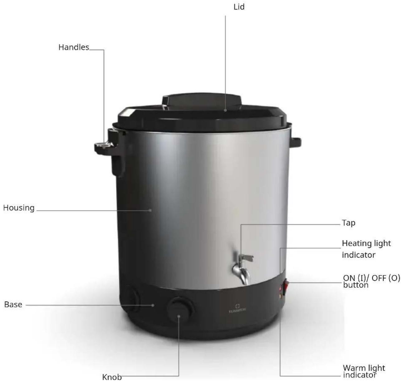 Lid Handles Housing Tap Heating light indicator ON (I)/ OFF (O) button Base Knob Warm light indicator