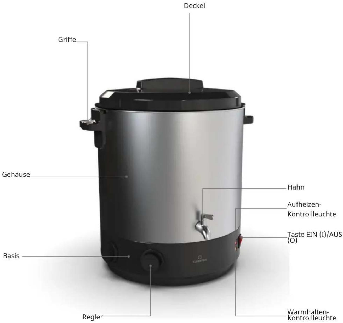 Deckel Griffe Gehäuse Hahn Aufheizen- Kontrollleuchte Taste EIN (I)/AUS (O) Basis Regler Warmhalten- Kontrollleuchte