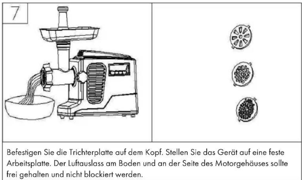 7 Befestigen Sie die Trichterplatte auf dem Kopf. Stellen Sie das Gerät auf eine feste Arbeitsplatte. Der Luftauslass am Boden und an der Seite des Motorgehäuses sollte frei gehalten und nicht blockiert werden.