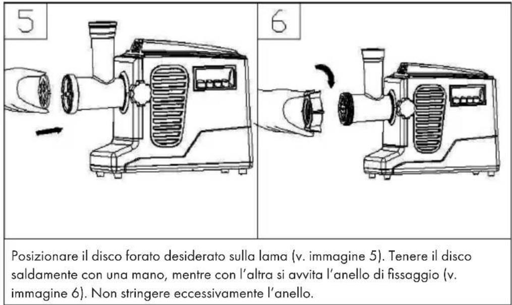 5 6 Posizionare il disco forato desiderato sulla lama (v. immagine 5). Tenere il disco saldamente con una mano, mentre con l'altra si avvita l'anello di fissaggio (v. immagine 6). Non stringere eccessivamente l'anello.