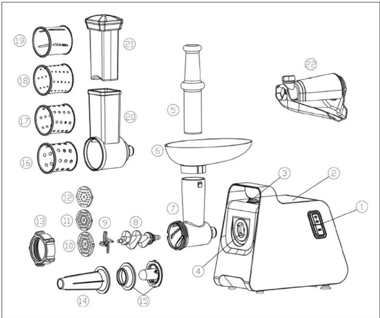 Technical diagram of a kitchen appliance with numbered parts for identification and assembly reference.