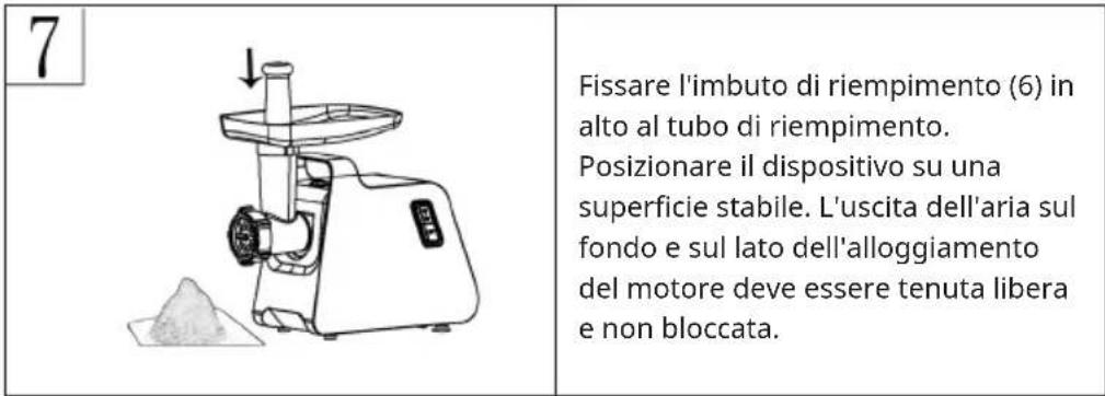 7 Fissare l'imbuto di riempimento (6) in alto al tubo di riempimento. Posizionare il dispositivo su una superficie stabile. L'uscita dell'aria sul fondo e sul lato dell'alloggiamento del motore deve essere tenuta libera e non bloccata.
