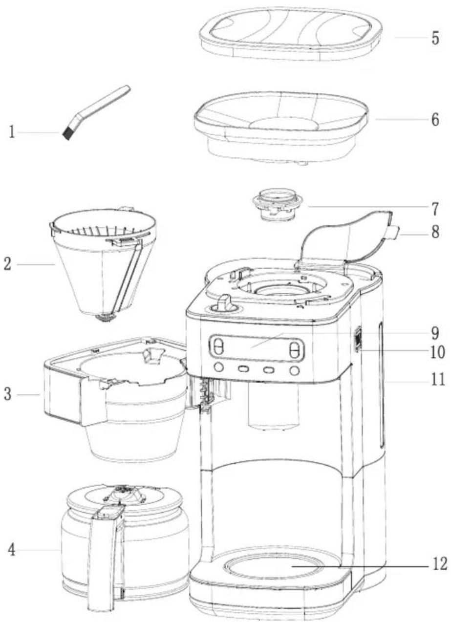 Technical diagram of a coffee maker with numbered parts for identification and assembly reference.