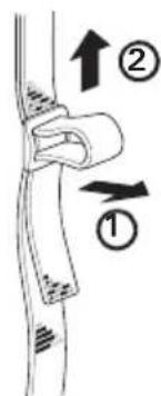 Diagram showing two labeled arrows (① and ②) pointing to a mechanical or structural component, with directional arrows indicating movement.