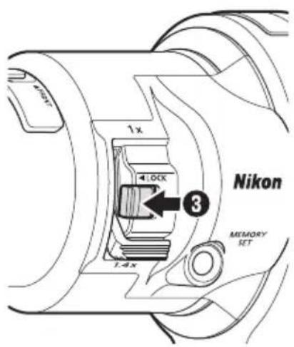 NIKON NIKKOR Z 400mm f2.8 TC VR S - 3.Faites glisser le verrou du commutateur du téléconvertisseur dans le sens indiqué (3). - 1