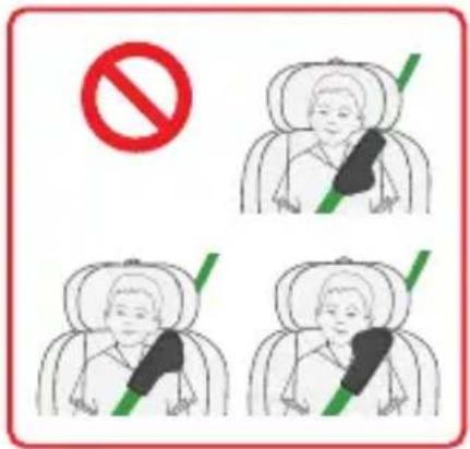 Safety warning illustration showing four scenarios of a child wearing a seatbelt, with a red prohibition symbol and green checkmark.
