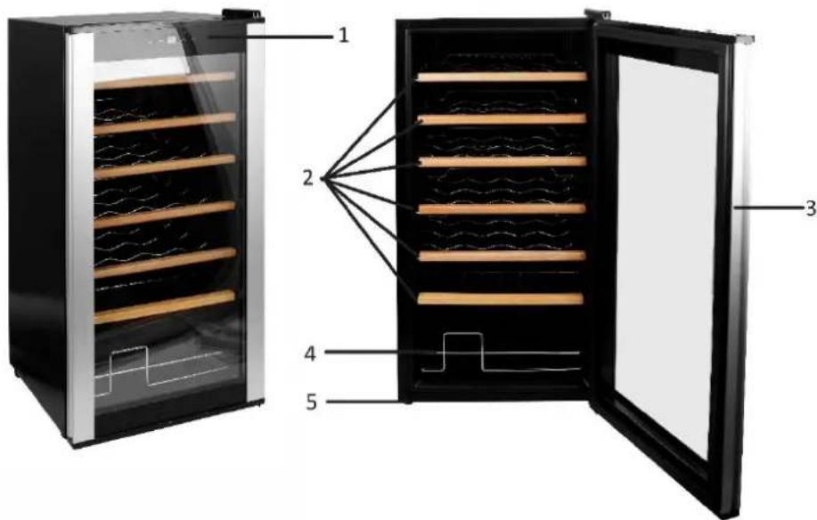 Diagram of a double-free refrigerator with labeled parts including front, back, and interior compartments