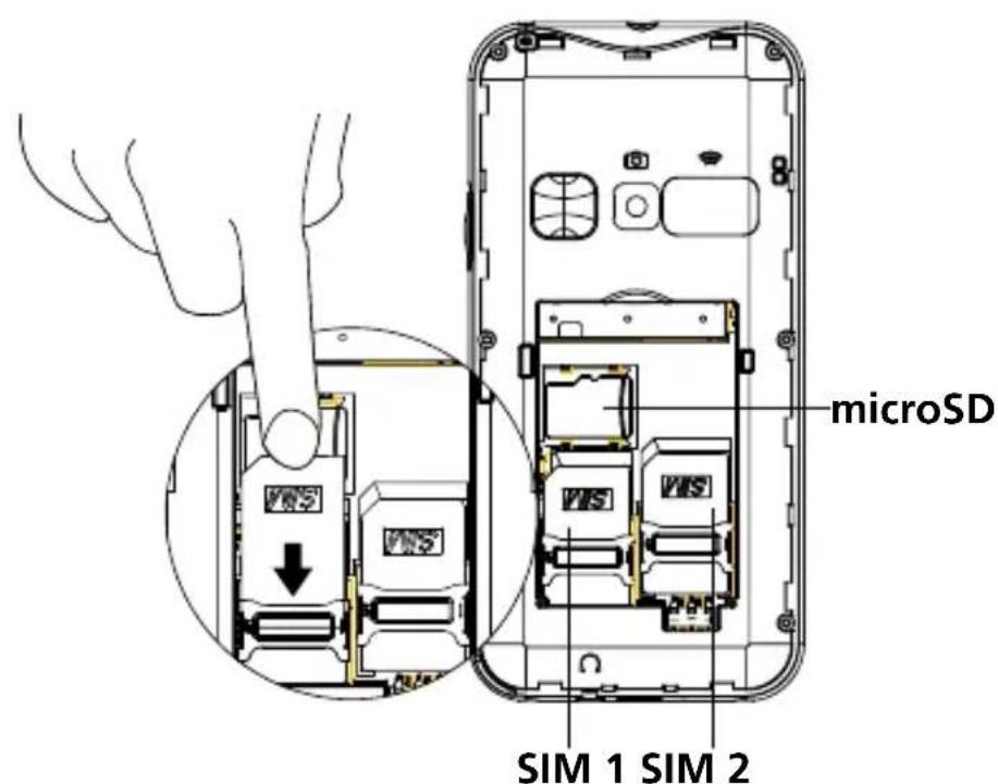 SWISSVOICE B24 - - Insérer la carte SIM (obligatoire) et la carte mémoire (facultatif) - 1