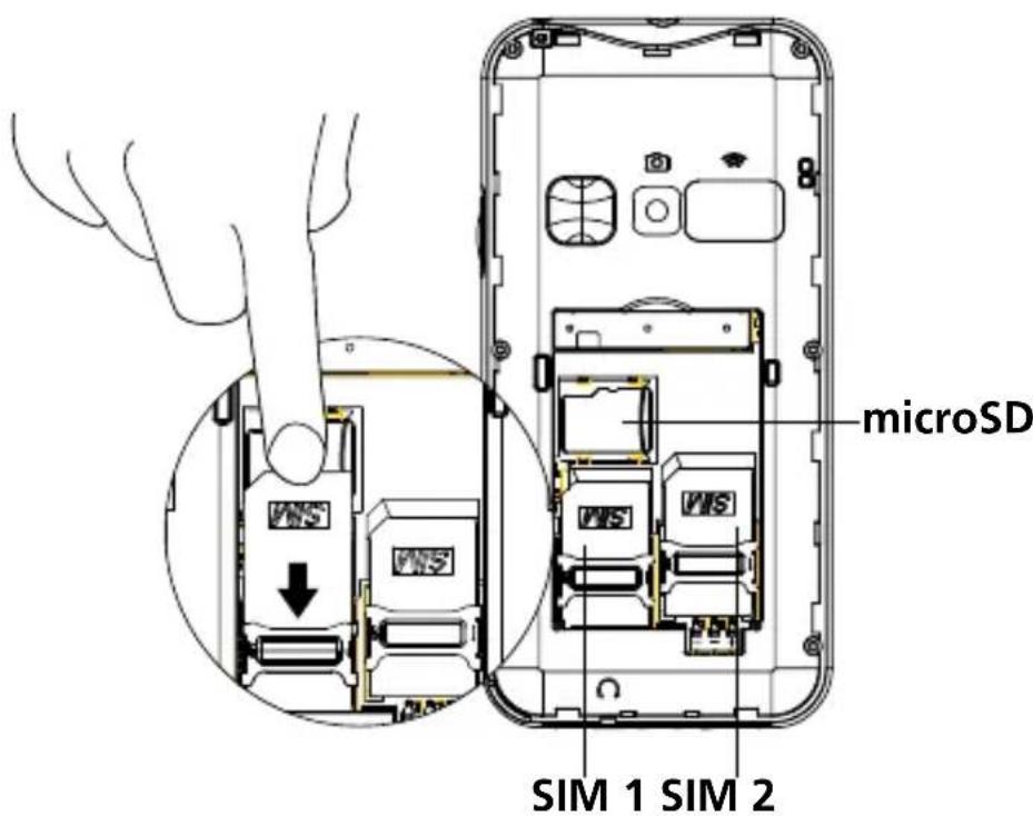 SWISSVOICE B24 - - Inserte la tarjeta SIM (imprescindible) y la tarjeta de memoria MicroSD (optional, no incluida) - 1