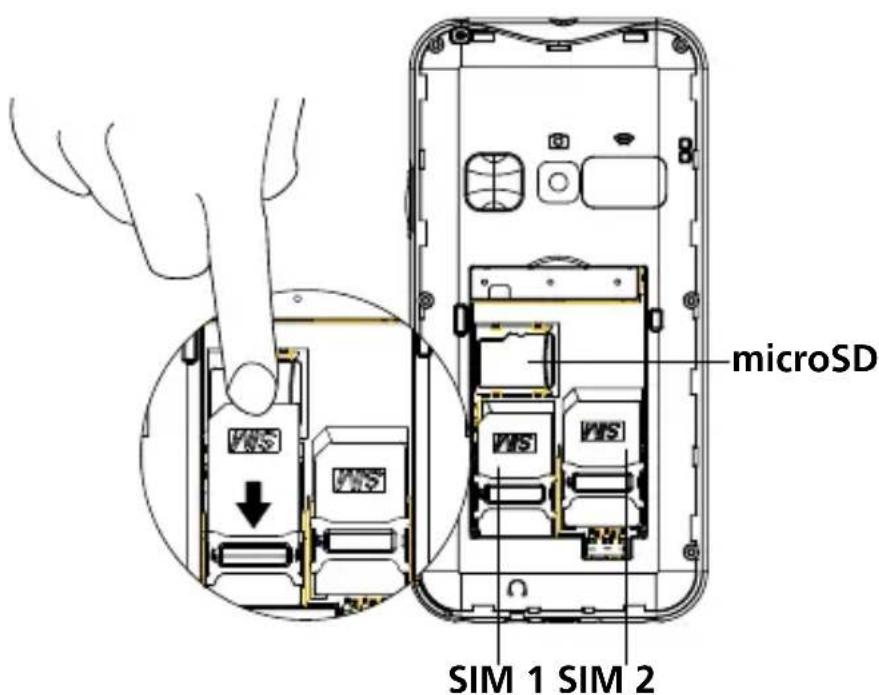 SWISSVOICE B24 - - Plaats de Simkaart (vereist) en de microSD- geheugenkaart (optioneel) - 1