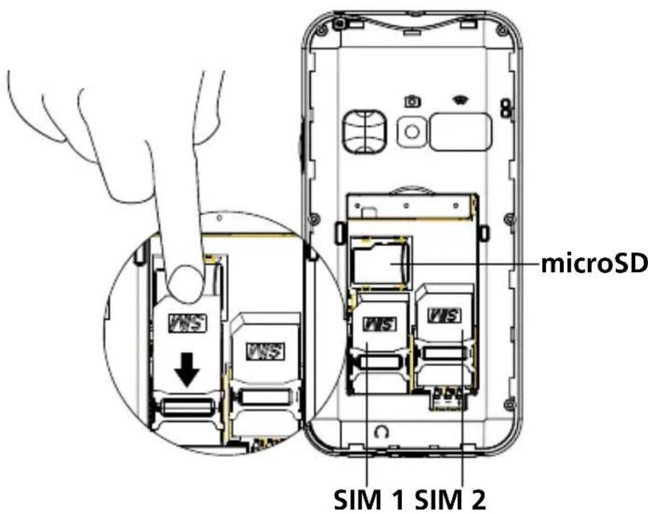 SWISSVOICE B24 - - Legen Sie die SIM-Karte (erforderlich) und die MicroSD Speicherkarte (optional) ein. - 1