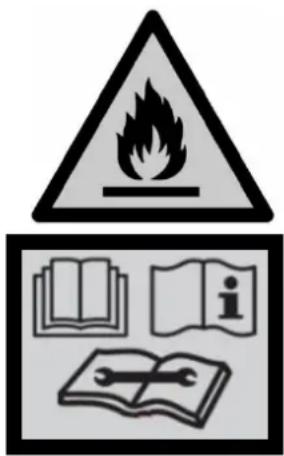 Warning symbol image showing a flame, open book, open book with information icon, and open wrench